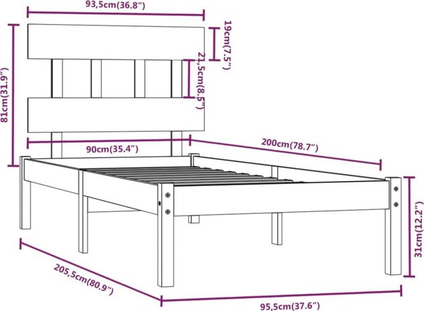 vidaXL Πλαίσιο κρεβατιού από συμπαγές ξύλο, 90x200 cm