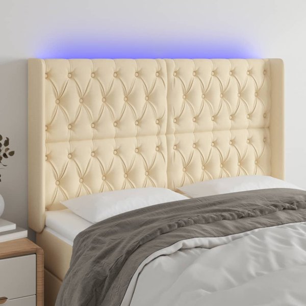 vidaXL Zaglowek do lozka z LED, kremowy, 147x16x118/128 cm, tkanina
