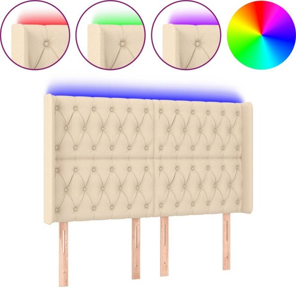 vidaXL Zaglowek do lozka z LED, kremowy, 147x16x118/128 cm, tkanina