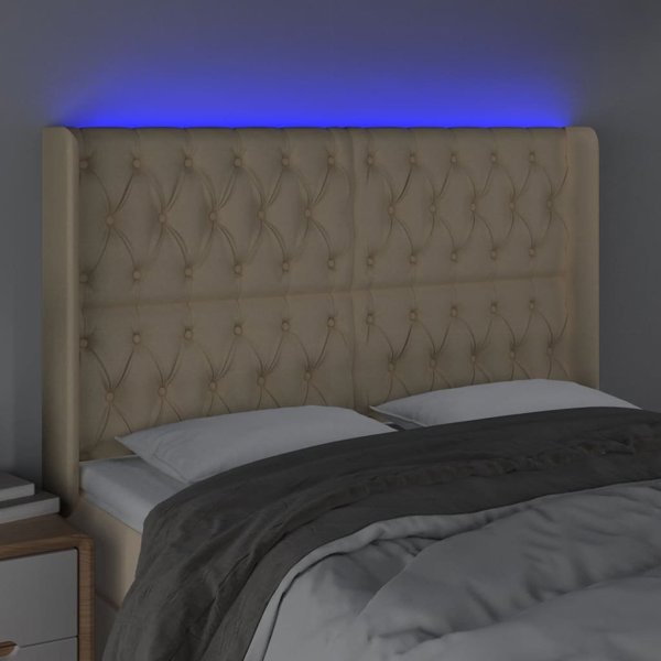 vidaXL Zaglowek do lozka z LED, kremowy, 147x16x118/128 cm, tkanina