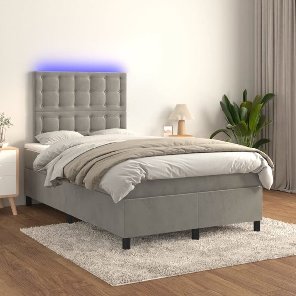vidaXL Κρεβάτι κοντινεντάλ με στρώμα και LED, γκρι βελούδο, 120x200 εκ.