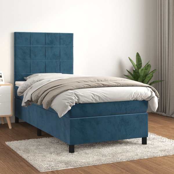 vidaXL Λευκό κρεβάτι με στρώμα, μπλε, βελούδο, 90x190 cm