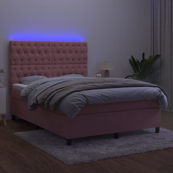vidaXL Λουτζκο κοντινενταλ με στρωμα και LED, ροζ βελούδο, 140x190 cm