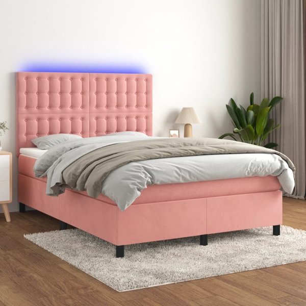 vidaXL Κρεβάτι κοντινένταλ με στρώμα και LED, ροζ βελούδο 140x190 cm