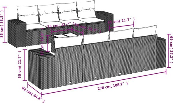 vidaXL Σετ Επίπλων Κήπου 9 Τεμαχίων από Πολυρατάν με Μαξιλάρια, Καφέ Χρώμα