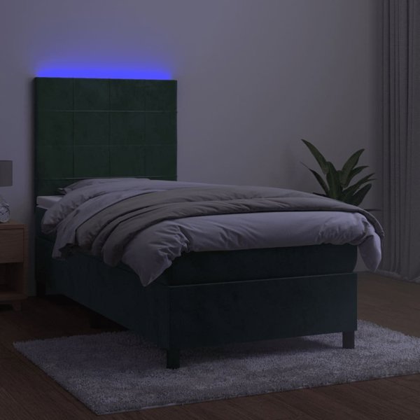 vidaXL Κρεβάτι κοντινεντάλ με στρώμα και LED, πράσινο βελούδο, 90x190 cm