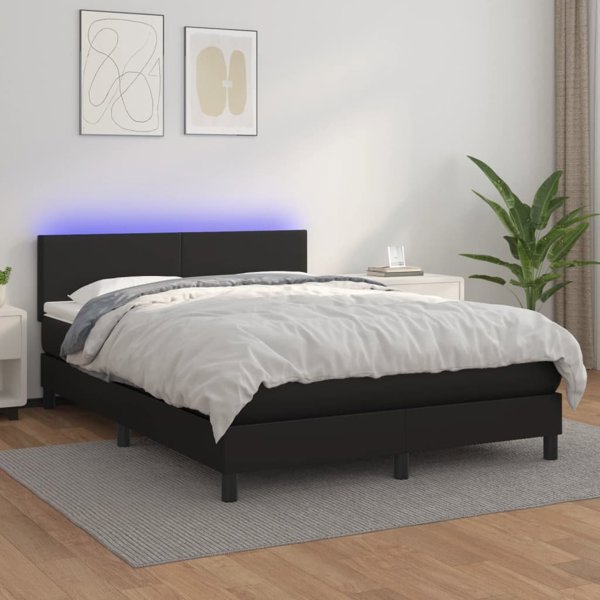vidaXL Κρεβάτι kontynentalne με στρώμα και LED, μαύρο οικοδέρμα, 140x190 εκ.
