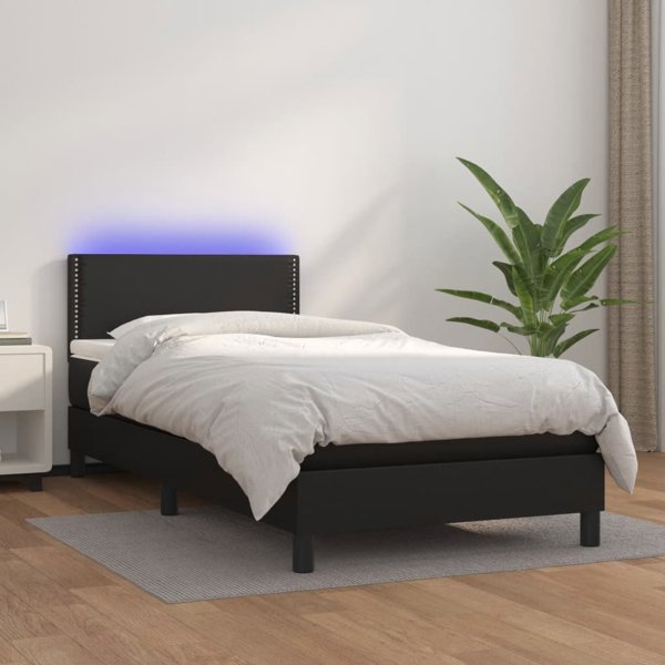 vidaXL Κρεβάτι κοντινεντάλ με στρώμα και LED, μαύρο οικοδέρμα 90x200 εκ.