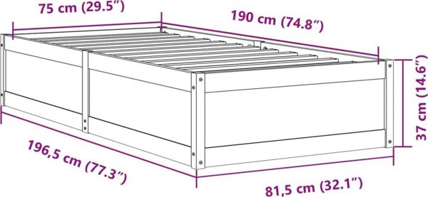 vidaXL Rama lozka, 75x190 cm, lite drewno sosnowe