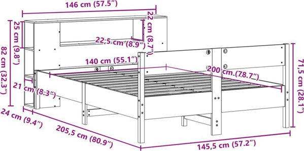 vidaXL Κρεβάτι με ραφιέρα, χωρίς στρώμα, λευκό, 140x200 cm, πεύκο