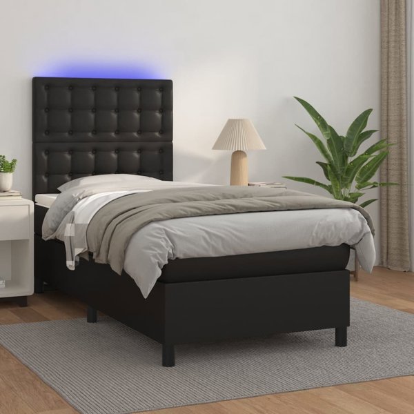 vidaXL Κρεβάτι Kontynentalne με Στρώμα και LED, μαύρο οικοδέρμα, 100x200 cm