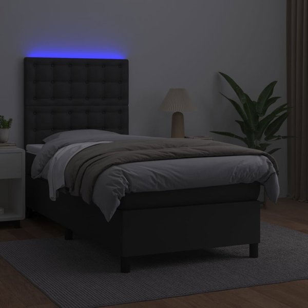 vidaXL Κρεβάτι Kontynentalne με Στρώμα και LED, μαύρο οικοδέρμα, 100x200 cm