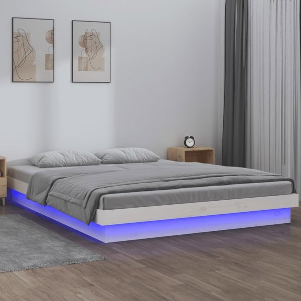 vidaXL Rama κρεβατιού με LED, λευκή, 160x200 εκ., μασίφ ξύλο