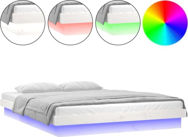 vidaXL Rama κρεβατιού με LED, λευκή, 160x200 εκ., μασίφ ξύλο