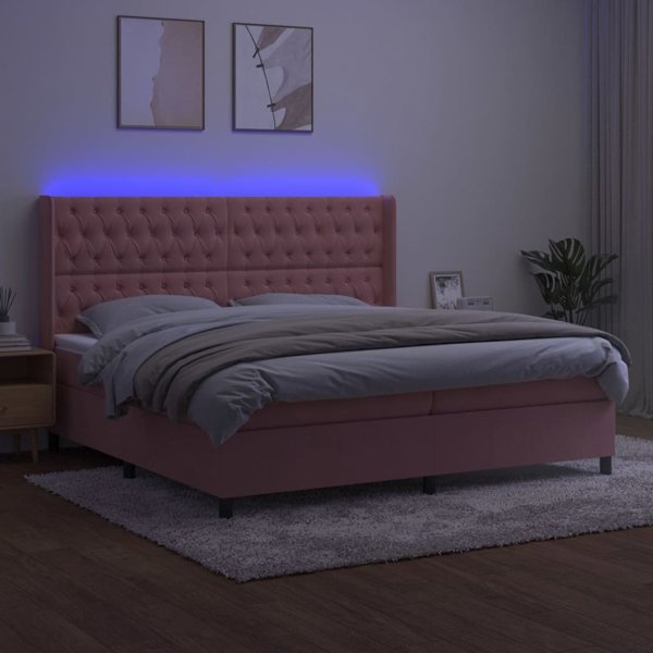 vidaXL Κρεβάτι κοντινεντάλ με στρώμα και LED, ροζ βελούδο 200x200cm