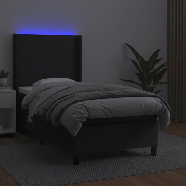 vidaXL Κρεβάτι κοντινένταλ με στρώμα και LED, μαύρο δέρμα PU 100x200cm