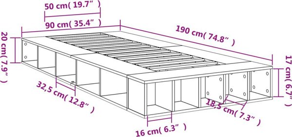 vidaXL Σκελετός κρεβατιού, γκρι δρυς σονόμα, 90x190 εκ, υλικό ξύλου