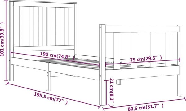 vidaXL Κρεβατοκάμαρα από μαύρο μασίφ πεύκο, 75x190 cm, μονό