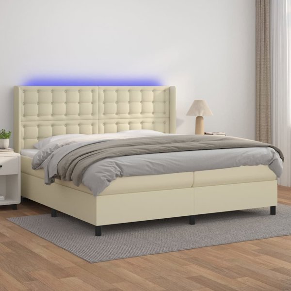 vidaXL Kρεβάτι κοντινεντάλ με LED, στρώμα, κρεμ, δερματίνη 200x200cm