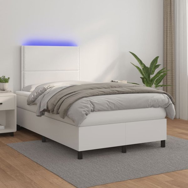 vidaXL Κρεβάτι κοντινεντάλ με στρώμα και LED, λευκή οικολογική δερματίνη 120x200 εκ.