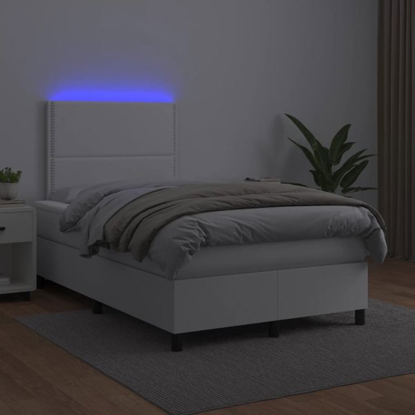 vidaXL Κρεβάτι κοντινεντάλ με στρώμα και LED, λευκή οικολογική δερματίνη 120x200 εκ.