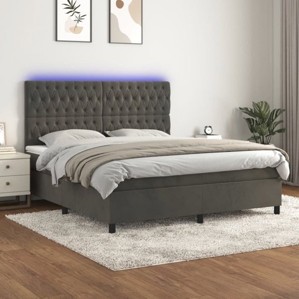 vidaXL Lowzko kontynentalne z materacem i LED szary aksamit 180x200 cm