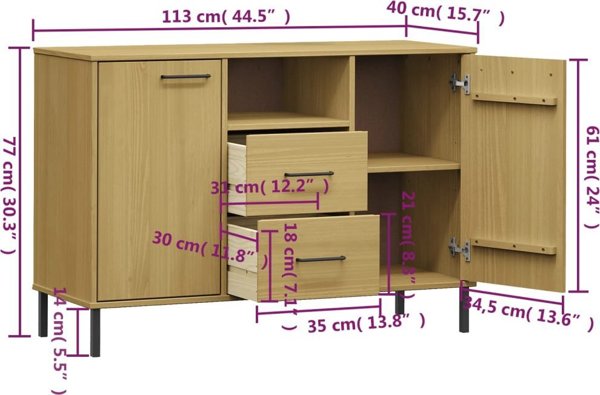 vidaXL Συρταριέρα OSLO, μεταλλικά πόδια, καφέ, 113x40x77 εκ.