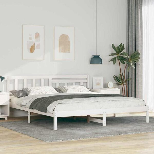 vidaXL Πλαίσιο Κρεβατιού με Κεφαλάρι, Μασίφ Ξύλο Πεύκου, Λευκό, 200 x 200 cm