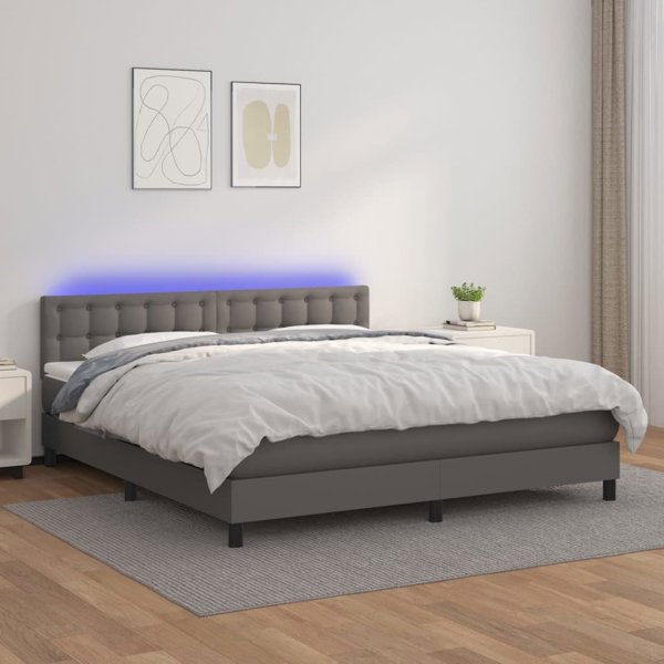 vidaXL Κρεβάτι Κοντινεντάλ με Στρώμα και LED, Γκρι Δερματίνη, 180x200 εκ.