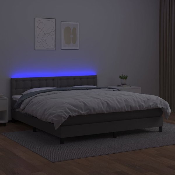 vidaXL Κρεβάτι Κοντινεντάλ με Στρώμα και LED, Γκρι Δερματίνη, 180x200 εκ.