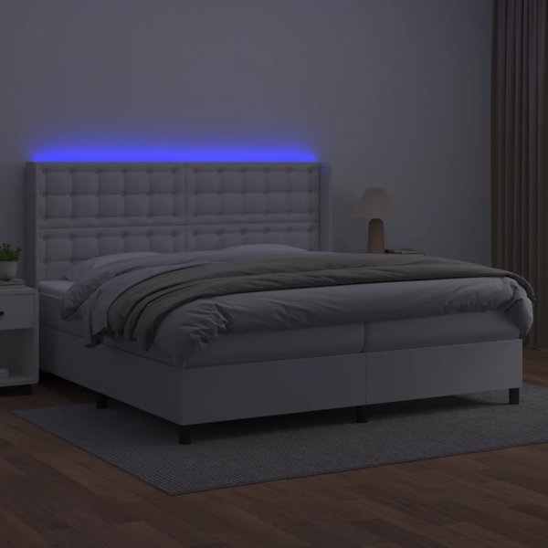 vidaXL Lozko kontynentalne z materacem i LED biala ekoskora 200x200 cm
