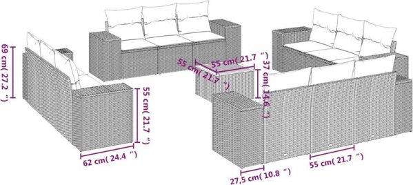 vidaXL Σετ επίπλων κήπου 13 τεμαχίων με μαξιλάρια, μπεζ, πολυρατάν
