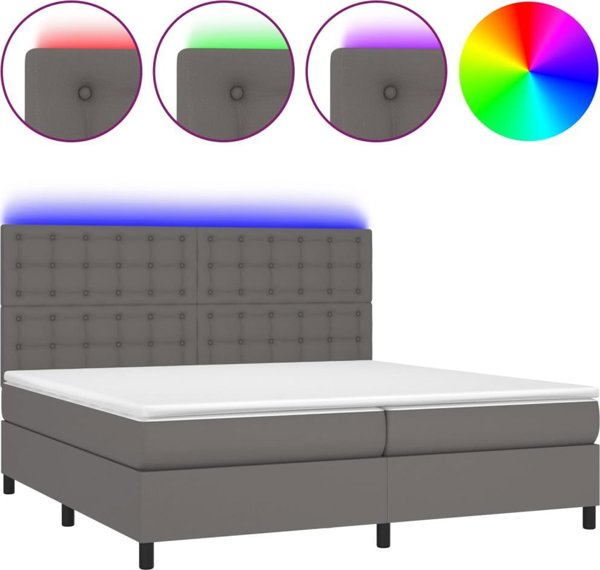 vidaXL Κρεβάτι Κοντινεντάλ με Στρώμα και LED, Γκρι Δερματίνη 200x200 cm