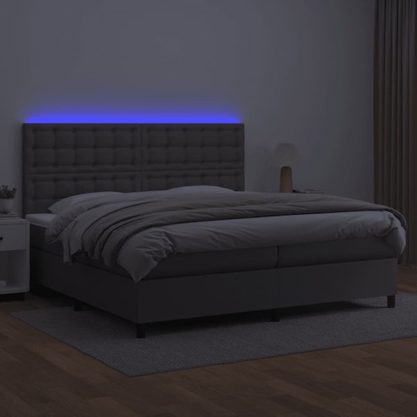 vidaXL Κρεβάτι Κοντινεντάλ με Στρώμα και LED, Γκρι Δερματίνη 200x200 cm
