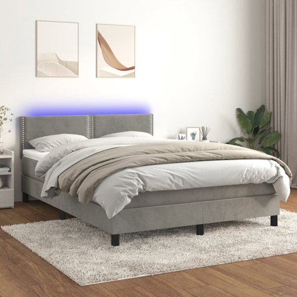 vidaXL Lozko kontynentalne z materacem i LED, szare 140x200 cm, aksamit