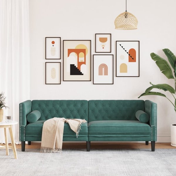 vidaXL Καναπές Chesterfield 3 θέσεων με ρολά, σκούρο πράσινο, βελούδο