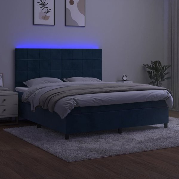 vidaXL Κρεβάτι κοντινένταλ με στρώμα και LED, μπλε βελούδο 160x200 cm