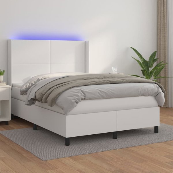 vidaXL Κρεβάτι κοντινένταλ με στρώμα και LED, λευκό δέρμα PU 140x200cm