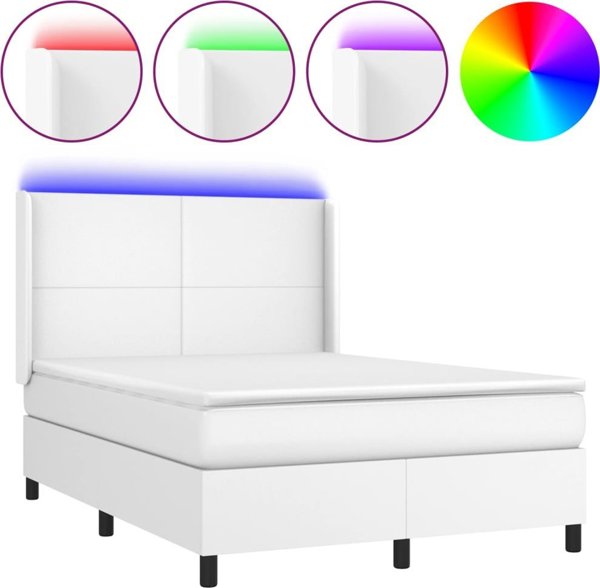 vidaXL Κρεβάτι κοντινένταλ με στρώμα και LED, λευκό δέρμα PU 140x200cm