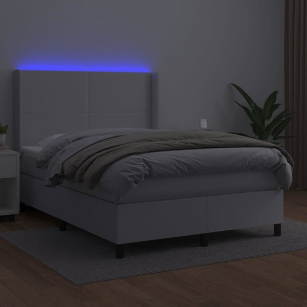 vidaXL Κρεβάτι κοντινένταλ με στρώμα και LED, λευκό δέρμα PU 140x200cm