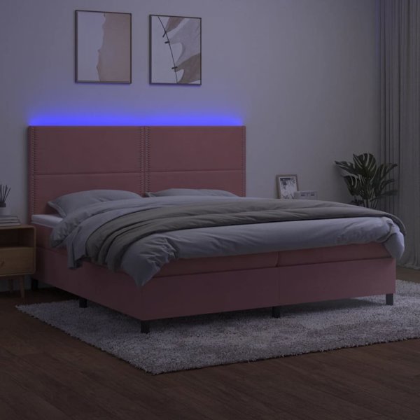 vidaXL Κρεβάτι κοντινεντάλ με στρώμα και LED, ροζ βελούδο, 200x200 cm