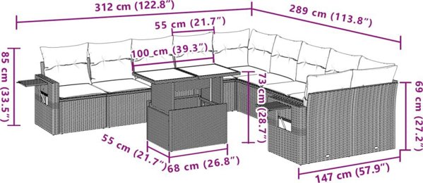 vidaXL Σετ 11 τεμ. επίπλων κήπου με μαξιλάρια, καφέ, rattan PE