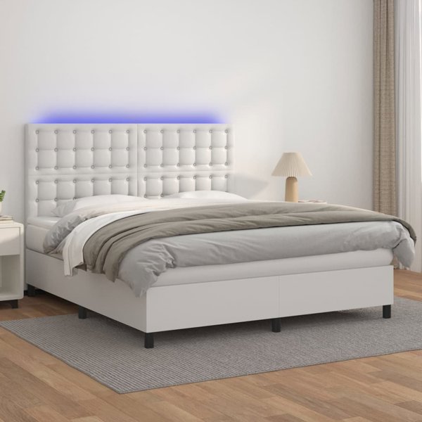 vidaXL Λουτζκο κοντινεντάλ με στρώμα και LED, λευκό οικοδερμα, 180x200 εκ.