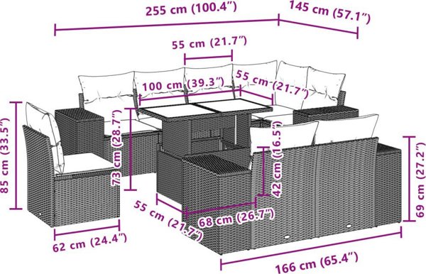 vidaXL Σετ επίπλων κήπου 9 τεμ. με μαξιλάρια, μπεζ, πολυρατάν