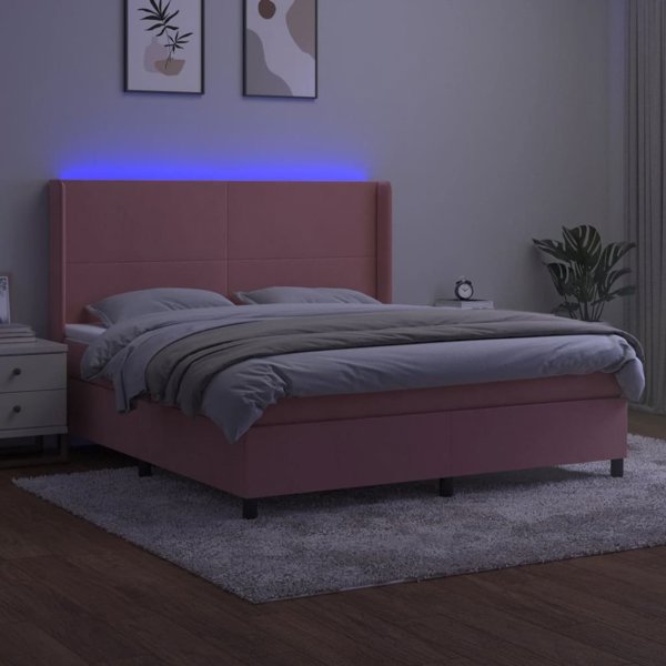 vidaXL Lozko kontynentalne z materacem i LED, rozowy aksamit 160x200 cm