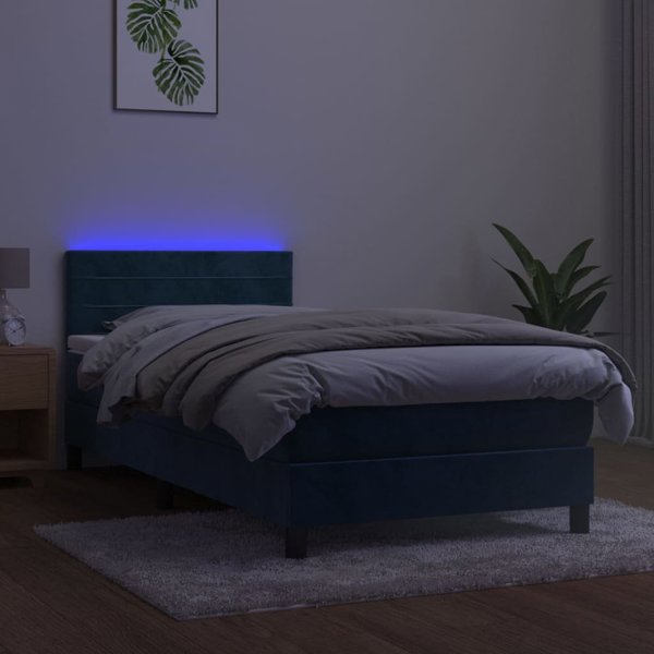 vidaXL Κρεβάτι Continental με στρώμα και LED, μπλε βελούδο, 90x200 εκ