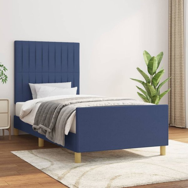 vidaXL Rama κρεβατιού με κεφαλάρι, μπλε, 90x200 cm, επενδεδυμένη με ύφασμα