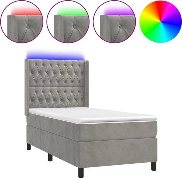 Κοντινενταλ κρεβάτι με στρώμα και LED, γκρι 90x190 cm, βελούδο