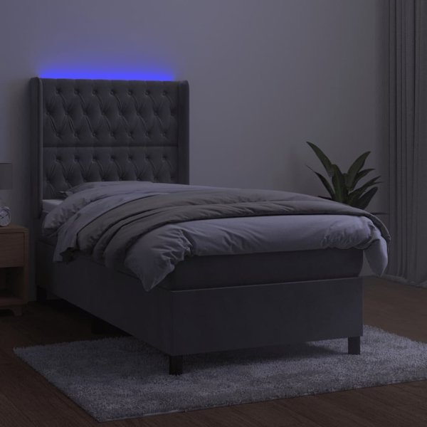 Κοντινενταλ κρεβάτι με στρώμα και LED, γκρι 90x190 cm, βελούδο