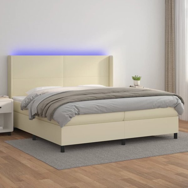 vidaXL Υπέρδιπλο κρεβάτι με LED, στρώμα, κρεμ, δέρμα eco 200x200 εκ.
